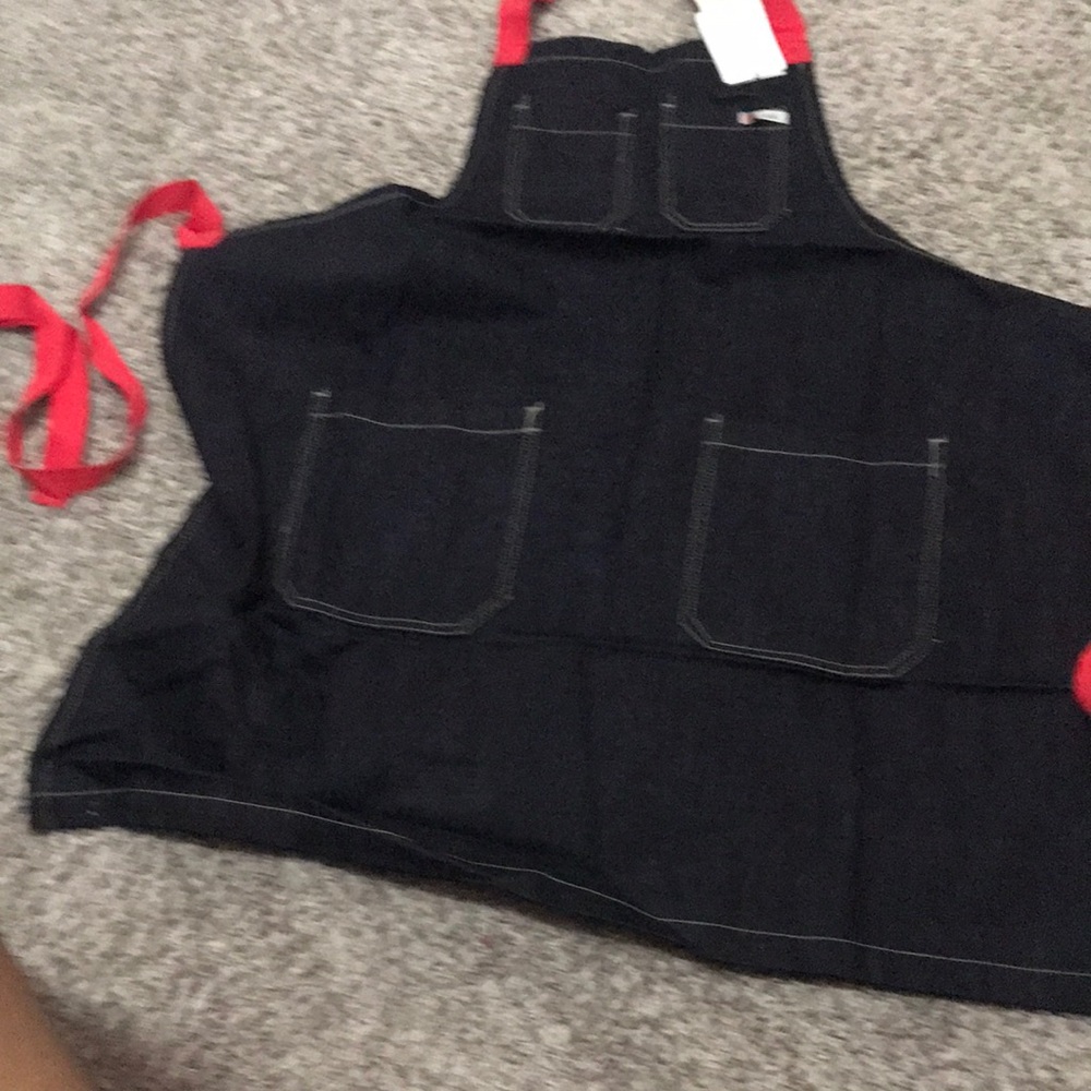 Black Denim Apron with Red Straps for cooking or crafts unisex